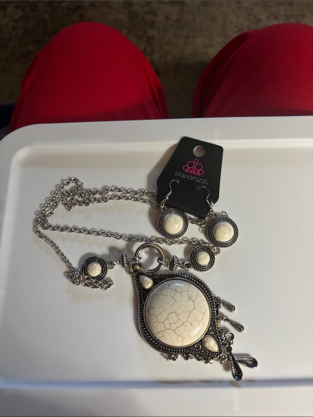 paparazzi Silver and White Crackle Stone Pendant Necklace & Earring Set